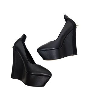 KATE FERGUSON Shoes Womens 9 Black Wedge Platform Heel‎ Gold Zip Pointed Toe